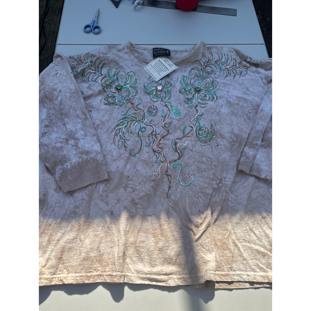 Beverly Hills Sportswear Alpha Art Shimmer Top Tan Tie Dye Rhinestone Plus Size